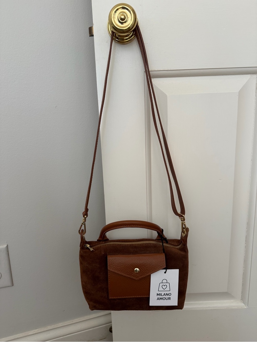 Brown Suede Crossbody Bag with Front Pocket